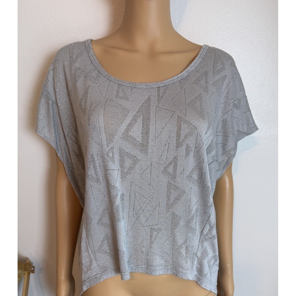 Soul Cake Gray Silver Metallic Geometric Dolman Sleeve Top XL Lagenlook Artsy
